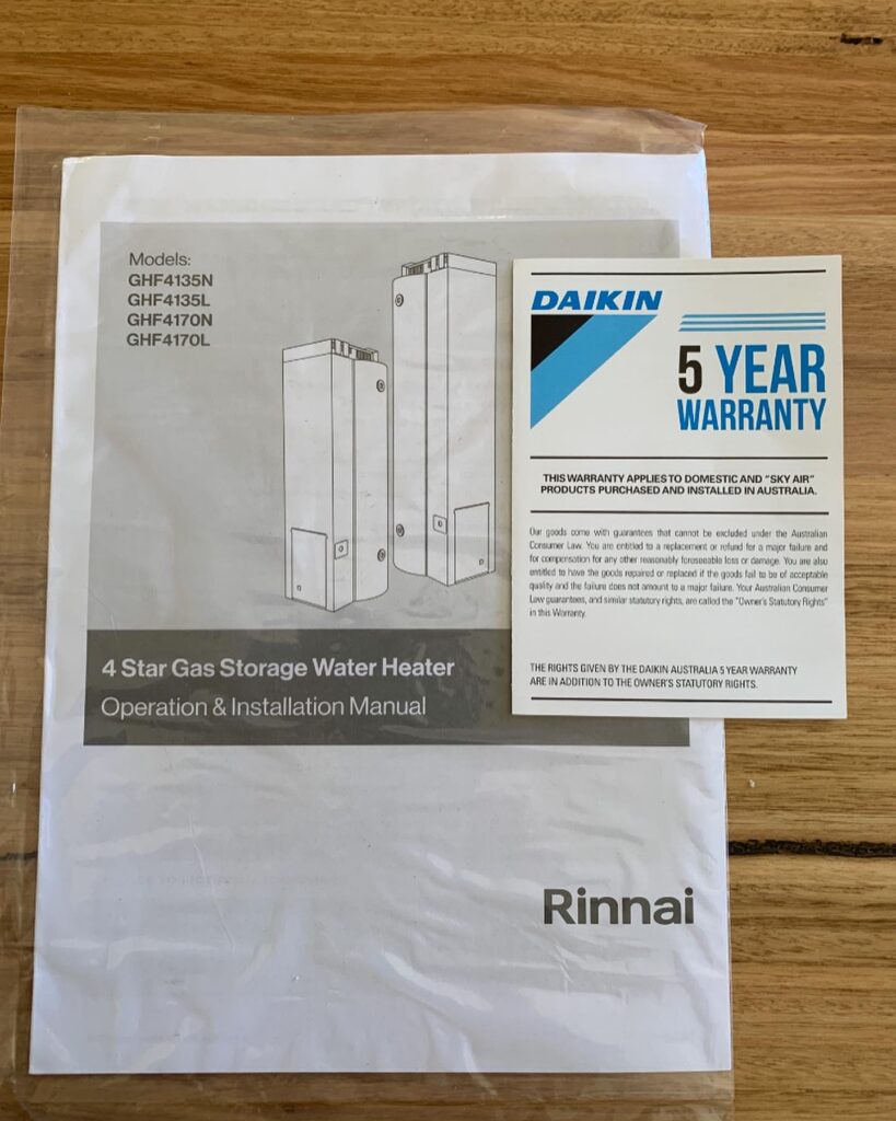 Heating and cooling installation manuals and warranty documents supplied with the system